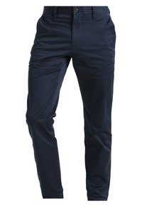 Tmavě modré chinos kalhoty z hladké látky, se slim střihem, předními kapsami a jedním knoflíkem na zapínání v pase.