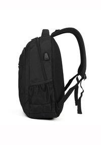 Sac à dos noir avec une finition en tissu lisse, présentant des compartiments zippés, des poches latérales en mesh, des bretelles rembourrées et une forme structurée.
