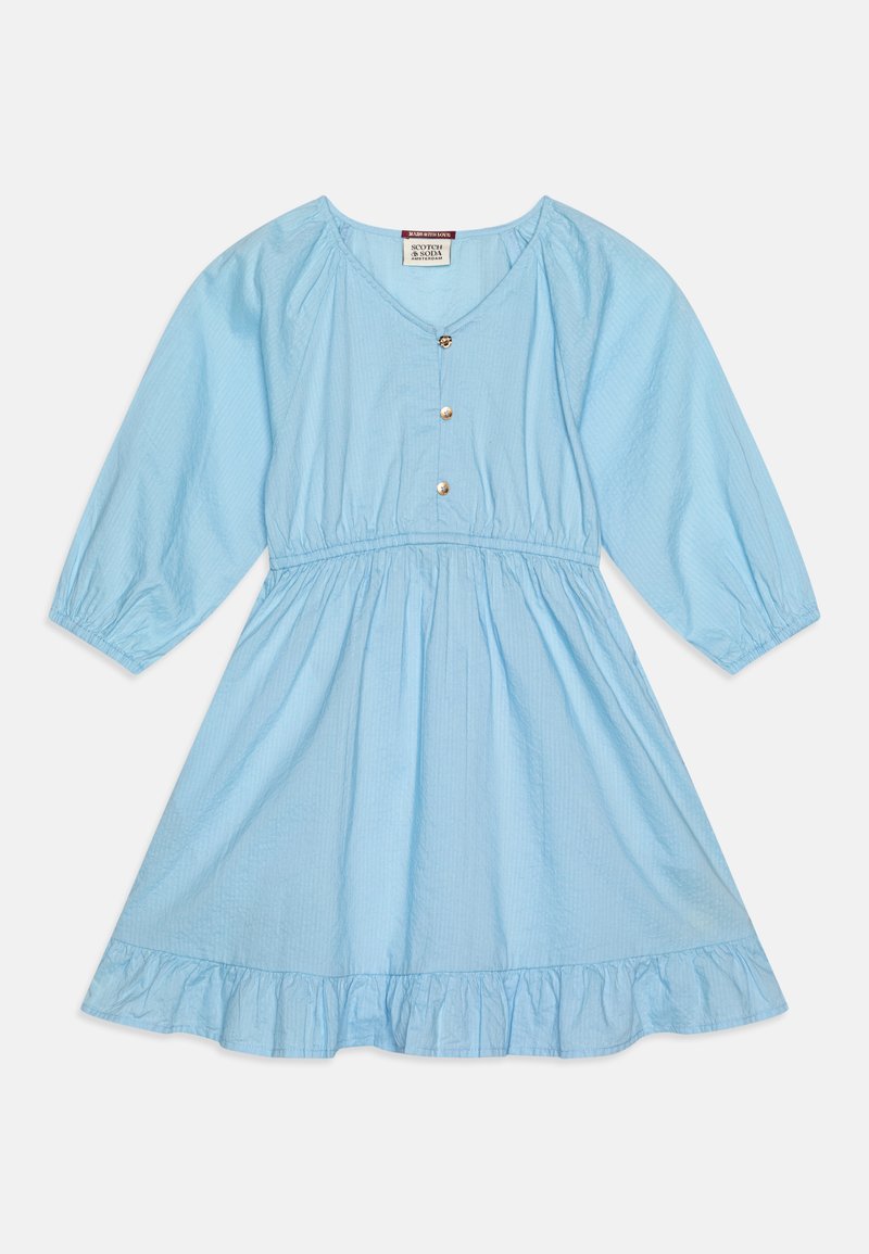 Hele sinine kleit pehmest kangast, millel on kolmeveerandilise pikkusega varrukad, V-kaelus, esipaneelil nööbid ja volangiga alumine serv.