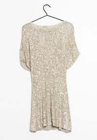 Gold, sequined short-sleeve dress with a loose fit and a round neckline. Hangs from a black hanger against a white background.