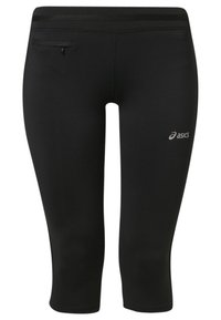 Leggings capri atletici neri in tessuto elasticizzato; presentano una piccola tasca con zip sul retro e un logo Asics sul lato.