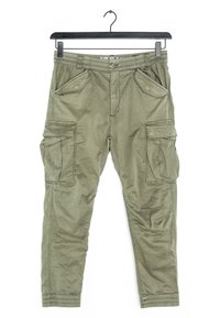 Olivinvihreät cargo-housut, väljä istuvuus, valmistettu rakenteisesta kankaasta. Varustettu useilla taskuilla ja joustavalla lahkeen resorilla mukavuutta varten.