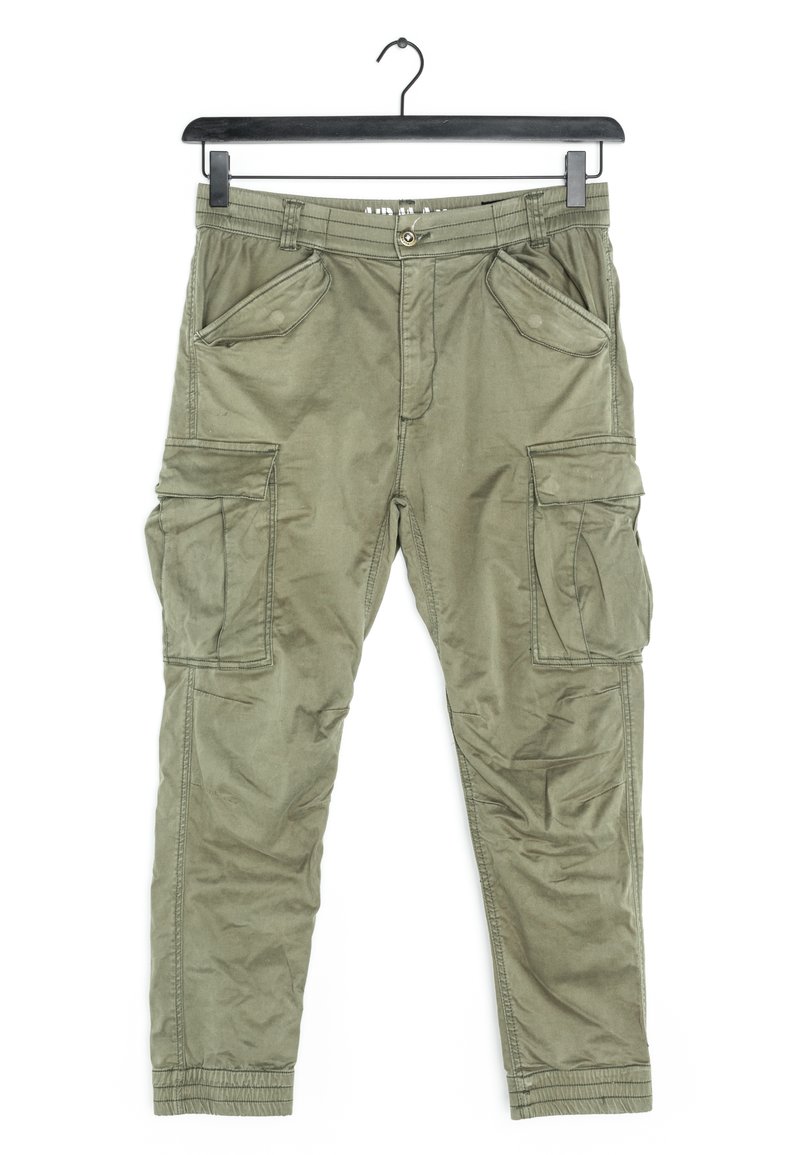 Olivinvihreät cargo-housut, väljä istuvuus, valmistettu rakenteisesta kankaasta. Varustettu useilla taskuilla ja joustavalla lahkeen resorilla mukavuutta varten.