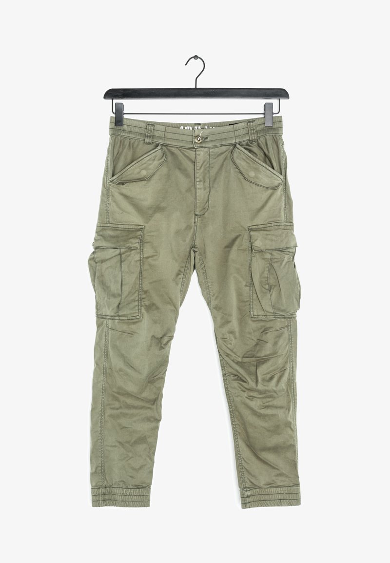 Olivinvihreät cargo-housut, väljä istuvuus, valmistettu rakenteisesta kankaasta. Varustettu useilla taskuilla ja joustavalla lahkeen resorilla mukavuutta varten.