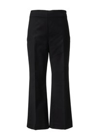 Zwarte flare-broek gemaakt van een gladde stof. Heeft een hoge taille en een strakke snit zonder zichtbare sluitingen of patronen.
