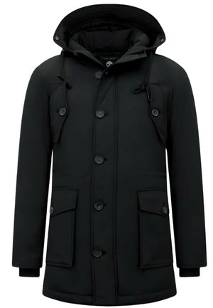 Zwarte parka-jack met een rits aan de voorkant, knoopsluitingen, twee voorzakken en een verstelbare trekkoordkap. Glad textuur, modern design.