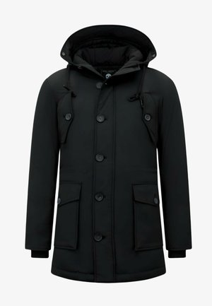 Zwarte parka-jack met een rits aan de voorkant, knoopsluitingen, twee voorzakken en een verstelbare trekkoordkap. Glad textuur, modern design.