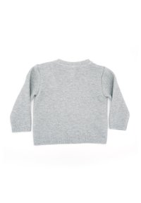 Light gray knitted sweater, featuring long sleeves, a round neck, and ribbed cuffs and hem. The texture is smooth with a subtle pattern.