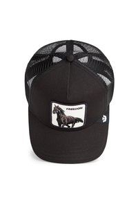 Black baseball cap with a mesh back. Features a rectangular patch with a black horse graphic and the text "FREEDOM." Simple stitching design.