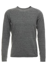 Szara koszula z długim rękawem o okrągłym dekolcie, z rękawami raglanowymi i bocznymi rozcięciami. Wykonana z teksturowanego materiału, o prostym kroju.