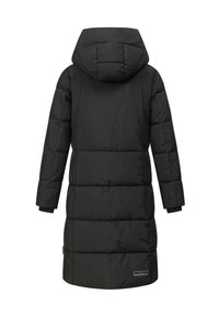 Abrigo tipo bufanda negro con capucha, con un diseño acolchado, mangas largas y una forma ligeramente ajustada. Incluye un parche de logo en la parte inferior.