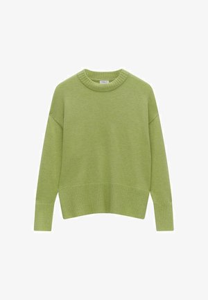 Groene gebreide trui met een ronde halslijn, verlaagde schouders en geribbelde zoom. Zachte textuur en een ontspannen pasvorm.