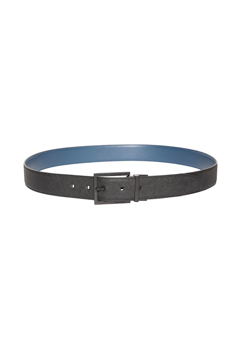 Black textured leather belt with a contrasting blue interior. Features a square black metal buckle and multiple adjustment holes.
