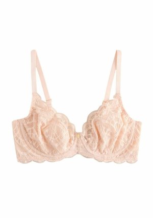 Hellrosa Spitzen-BH mit Bügel, verstellbaren Trägern und floralem Muster, dargestellt auf weißem Hintergrund.