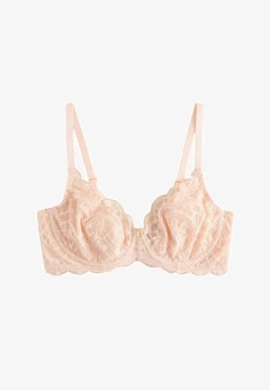 Light pink lace bra with underwire, adjustable straps, and floral pattern, displayed on a white background.
