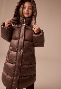 Manteau matelassé marron avec capuche, doté de garnitures dorées et d'un design matelassé. Le tissu a une texture brillante et est rembourré pour plus de chaleur.