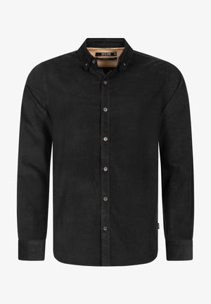 Black corduroy shirt with long sleeves, button-down collar, and brown buttons. Smooth texture and tailored fit. Visible stitching accents.