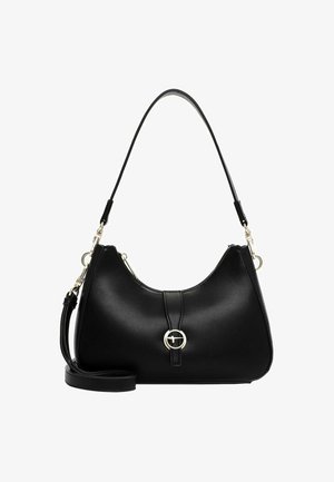 Black handbag featuring a smooth leather finish, curved silhouette, detachable shoulder strap, and a circular hardware accent on the front.