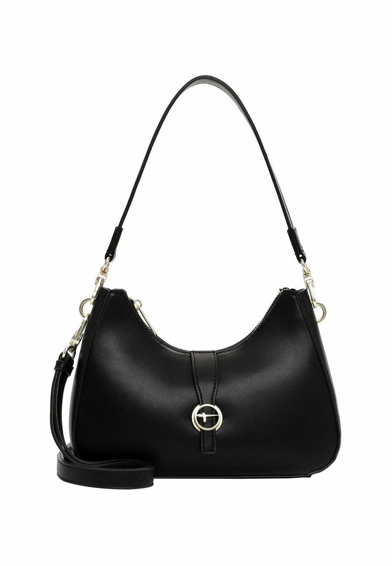 Bolso de mano negro con un acabado de cuero suave, silueta curva, correa de hombro desmontable y un acento de hardware circular en la parte frontal.