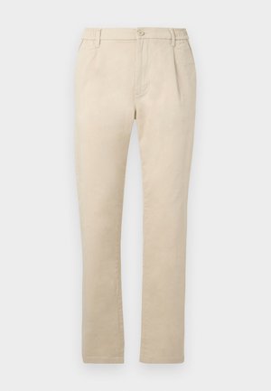 Beige straight-leg trousers with button and zipper closure, belt loops, and elastic sides at the waistband.