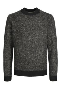 Maglione grigio a maglia con colletto nero rotondo, caratterizzato da un motivo testurizzato e polsini e orlo a coste. Tessuto morbido con una leggera lucentezza.