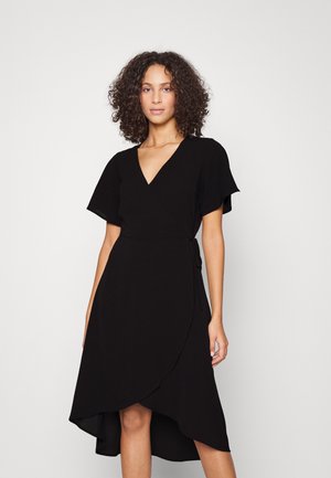 Black wrap dress with a V-neckline, short flutter sleeves, and a high-low hem. Made from soft fabric with a smooth texture.