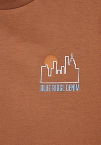 Ruda medvilnė marškiniai su baltu miesto silueto kontūru ir oranžine saule. Tekstas skaito "BLUE RIDGE DENIM" šviesiai mėlyna spalva.