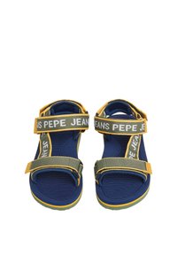 Tamno plave sandals s podesivim zelenim trakama, s žutim detaljima i "PEPE JEANS" brendingom. Teksturirana unutrašnjost za bolji stik.