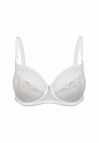 Biały koronkowy biustonosz z półprzezroczystymi miseczkami, kwiatowymi wzorami, siateczkowymi akcentami i regulowanymi ramiączkami. Posiada gładkie wykończenie oraz strukturalny design.