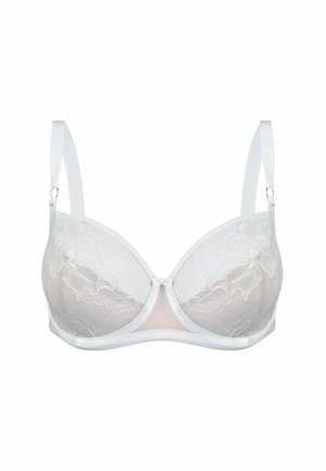 Biały koronkowy biustonosz z półprzezroczystymi miseczkami, kwiatowymi wzorami, siateczkowymi akcentami i regulowanymi ramiączkami. Posiada gładkie wykończenie oraz strukturalny design.