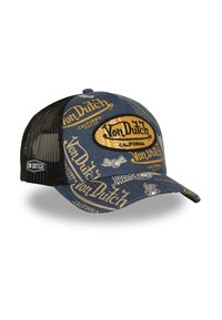 Gorra de béisbol Von Dutch de malla azul y negra con logotipos amarillos y texto "California" impreso por todo el diseño.