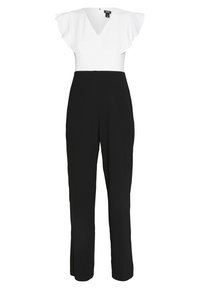 Svart jumpsuit med en figursydd bodice och vita volangärmar. Har en V-ringning och rak benform. Smoother tyg med en slät finish.