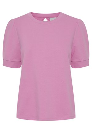 Roosa lühikeste varrukatega T-särk ümmarguse kaelusega, puffvarrukatega ja tagaava avaga, valmistatud pehmest puuvillakangast.