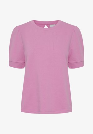 Roosa lühikeste varrukatega T-särk ümmarguse kaelusega, puffvarrukatega ja tagaava avaga, valmistatud pehmest puuvillakangast.