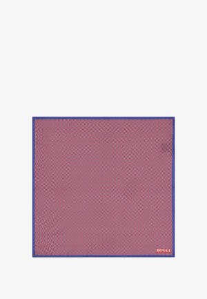 Foulard di seta con un motivo geometrico in rosso e bianco, bordato da un bordo blu scuro. Forma quadrata con una superficie liscia.