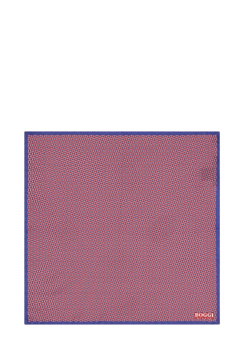 Zīda šalle ar ģeometrisku melnrakstu sarkanā un baltā krāsā, ar tumši zilām malām. Forma ir kvadrātveida, ar gludu faktūru.