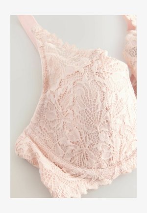 Spitzen-Bralette in zartem Pink, mit kunstvollen Blumenmustern, zarten gewellten Kanten und verstellbaren Trägern für eine perfekte Passform.