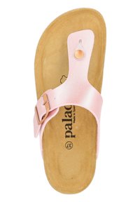 Infradito rosa chiaro con una parte superiore testurizzata e una fibbia dorata. Soletta contornata color tan con logo stampato e suola liscia.