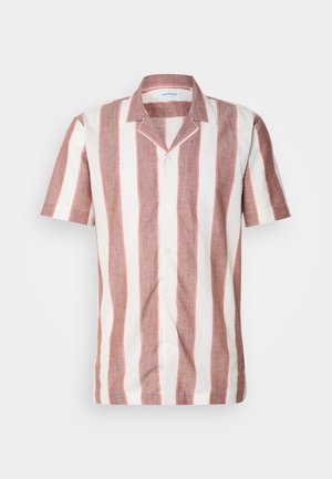 Short-sleeve shirt made of lightweight fabric featuring broad vertical stripes in pink and white, with a collar and front buttons.