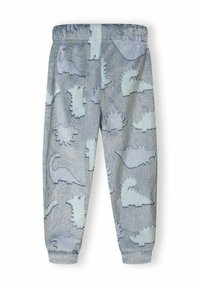 Pantalons de survêtement en polaire gris avec un motif de dinosaures ludique en bleu clair, dotés d'une taille élastique et de poignets resserrés.