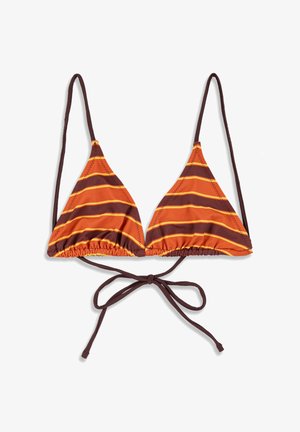 Haut de bikini triangle avec des rayures horizontales marron et orange et de fines lanières marron aux épaules et dans le dos.
