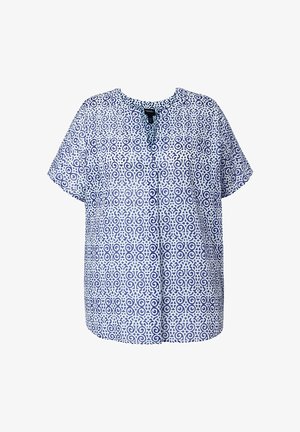 Lyhythihainen pusero, jossa sinivalkoinen monimutkainen geometrinen kuvio ja pyöreä pääntie, esillä valkoisella taustalla.