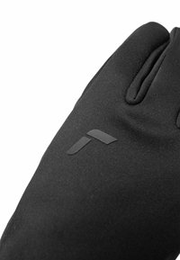 Schwarze Handschuhe aus einem glatten, dehnbaren Material. Mit einem strukturierten schwarzen Logo im Handgelenkbereich. Nahtloses Design mit angepasster Form.