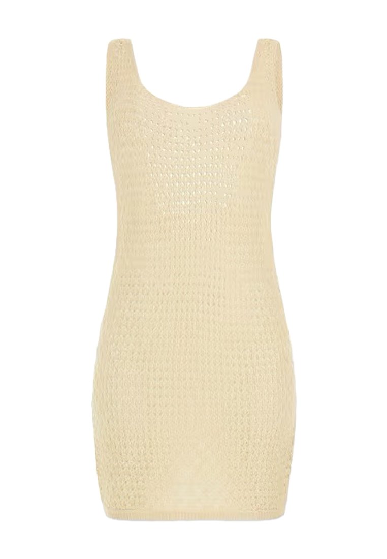 Abito in maglia beige con scollo a barca, forma aderente e un motivo a trama aperta e testurizzato. Design senza maniche e lunghezza fino a metà coscia.