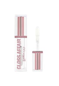 Tubetto di lucidalabbra trasparente con un design rosa e argento. L'applicatore ha un morbido bastoncino bianco. L'etichetta riporta "GLOSS AFFAIR" e "bellaoggi."