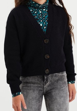 Kobieta ubrana w czarny dzianinowy kardigan z guzikami na tealowym golfie w panterkę i wyblakłych czarnych dżinsach, stojąca z rękami swobodnie opuszczonymi.