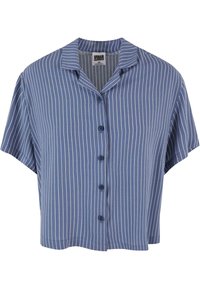Modrá košile s krátkým rukávem na knoflíky, bílými vertikálními pruhy a límcem ve stylu camp, velikost XS od značky Urban Classics.