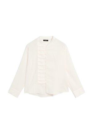 Hvid bluse med mandarin-krave, med en knappet frontløsning med lodrette flæsedetaljer og lange ærmer. Blødt stoftekstur.
