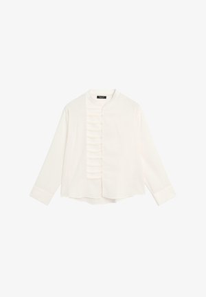 Vit blus med mandarin-krage, med en knäppt framstycke med vertikala volangdetaljer och långa ärmar. Mjuk tygtextur.