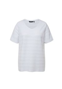 T-shirt bianco a V con righe orizzontali strutturate, maniche corte e vestibilità morbida. Realizzato in tessuto leggero e morbido.